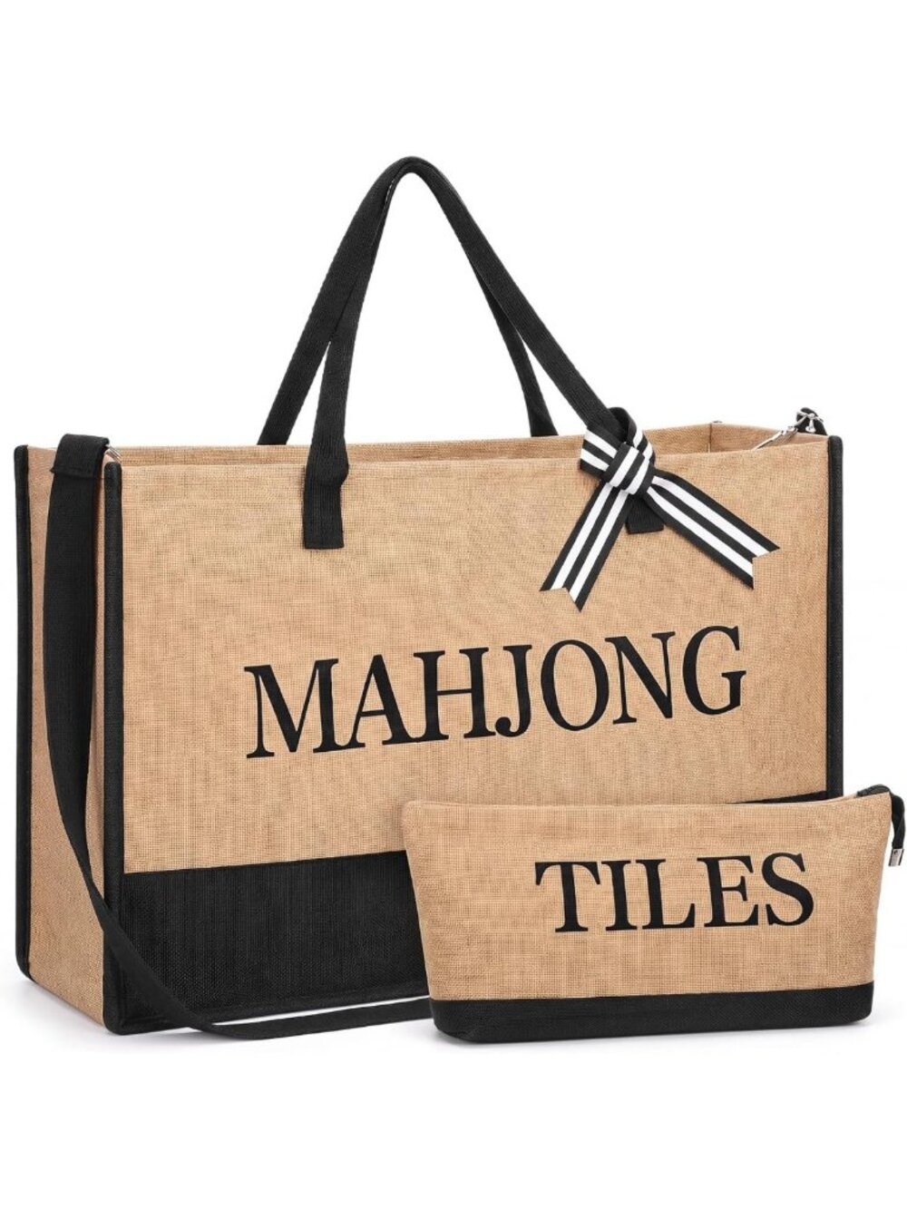 2 Pcs Mahjong Tote Bag & Zippered Pouch - Canvas Game Storage for Tiles & Racks